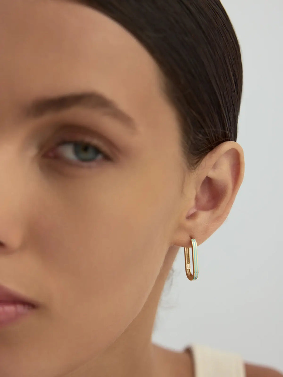 Turkuaz Şerit Detaylı Oval Form 14K Altın Küpe