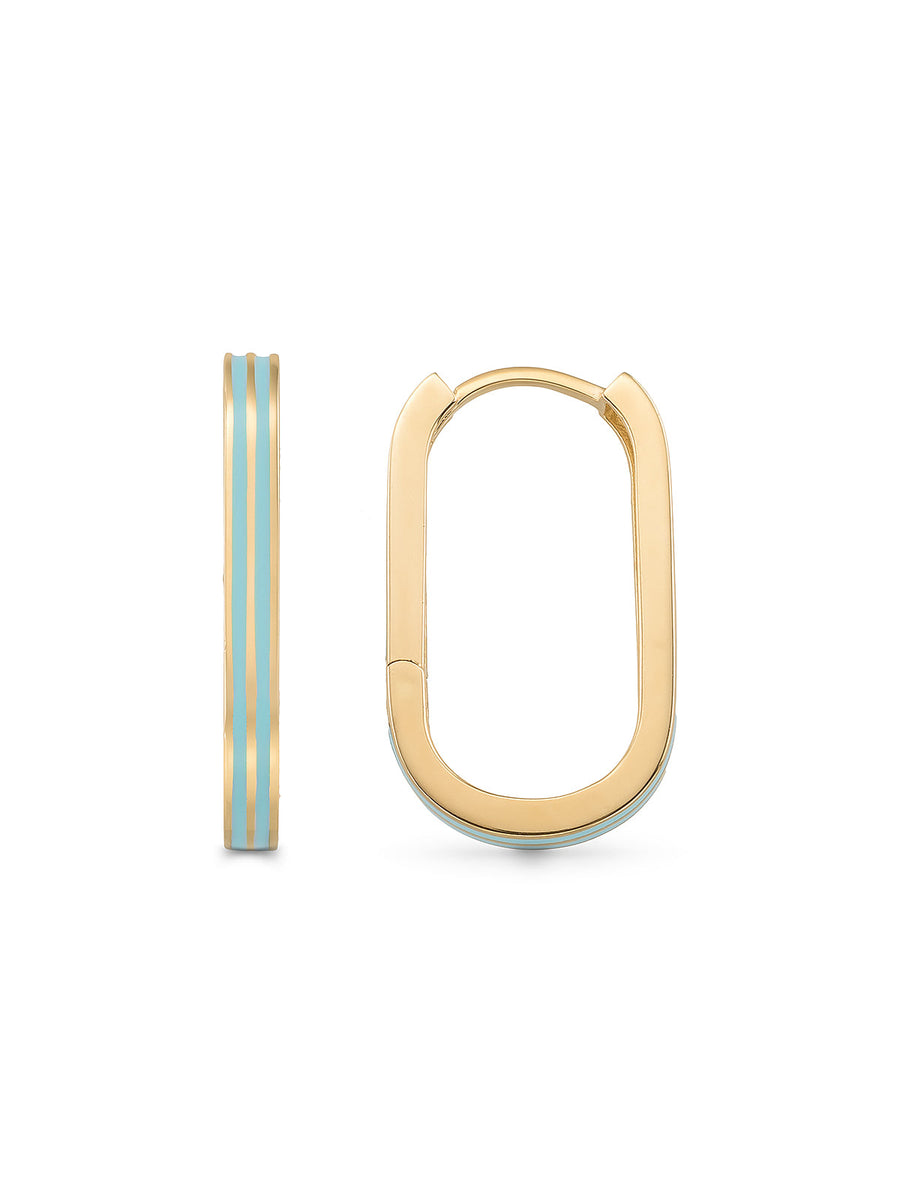 Turkuaz Şerit Detaylı Oval Form 14K Altın Küpe