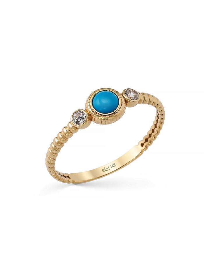 Turkuaz Taşlı Vintage Dokulu 14K Altın Yüzük