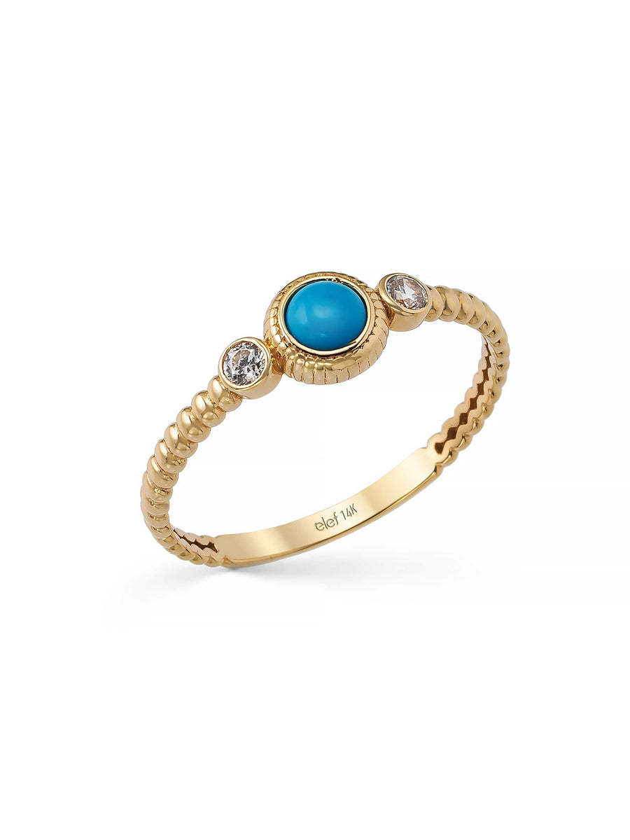 Turkuaz Taşlı Vintage Dokulu 14K Altın Yüzük