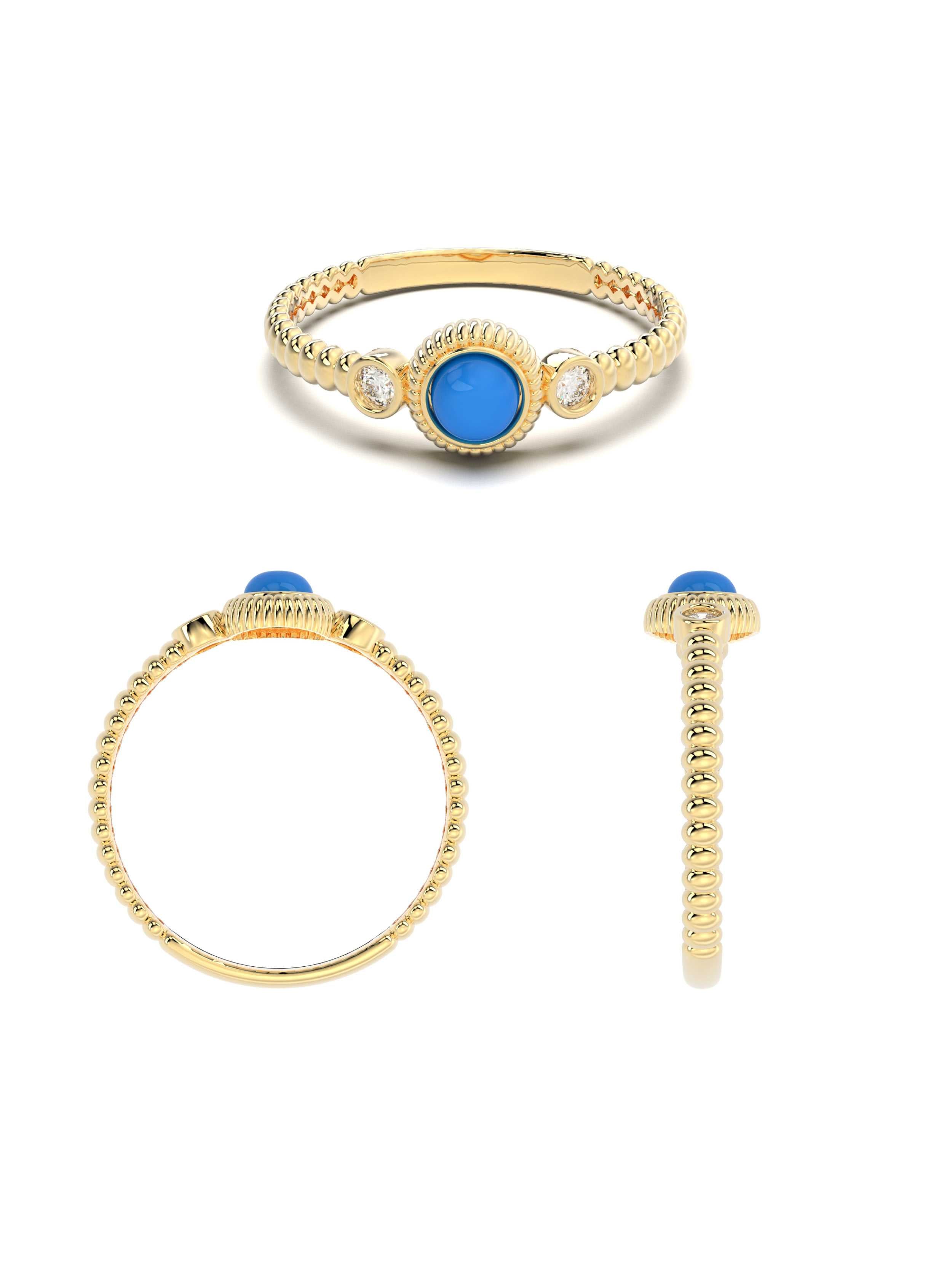 Turkuaz Taşlı Vintage Dokulu 14K Altın Yüzük - Elef Kuyumculuk