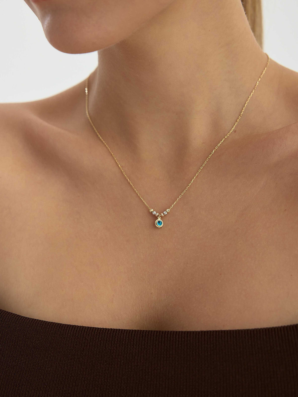 Üç Renk Dorika Toplu ve Nazar Boncuklu 14K Altın Kolye - Elef Kuyumculuk