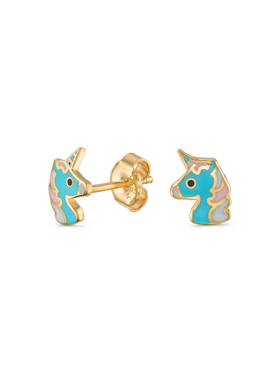 Unicorn Figürlü Mineli 14K Altın Çocuk Küpesi