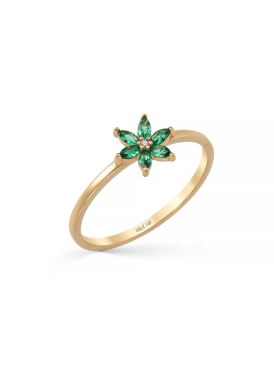 Yeşil Çiçek Formlu Minimal 14K Altın Yüzük
