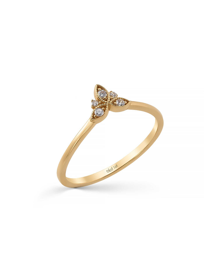 Yonca Motifli Taşlı Minimal 14K Altın Yüzük