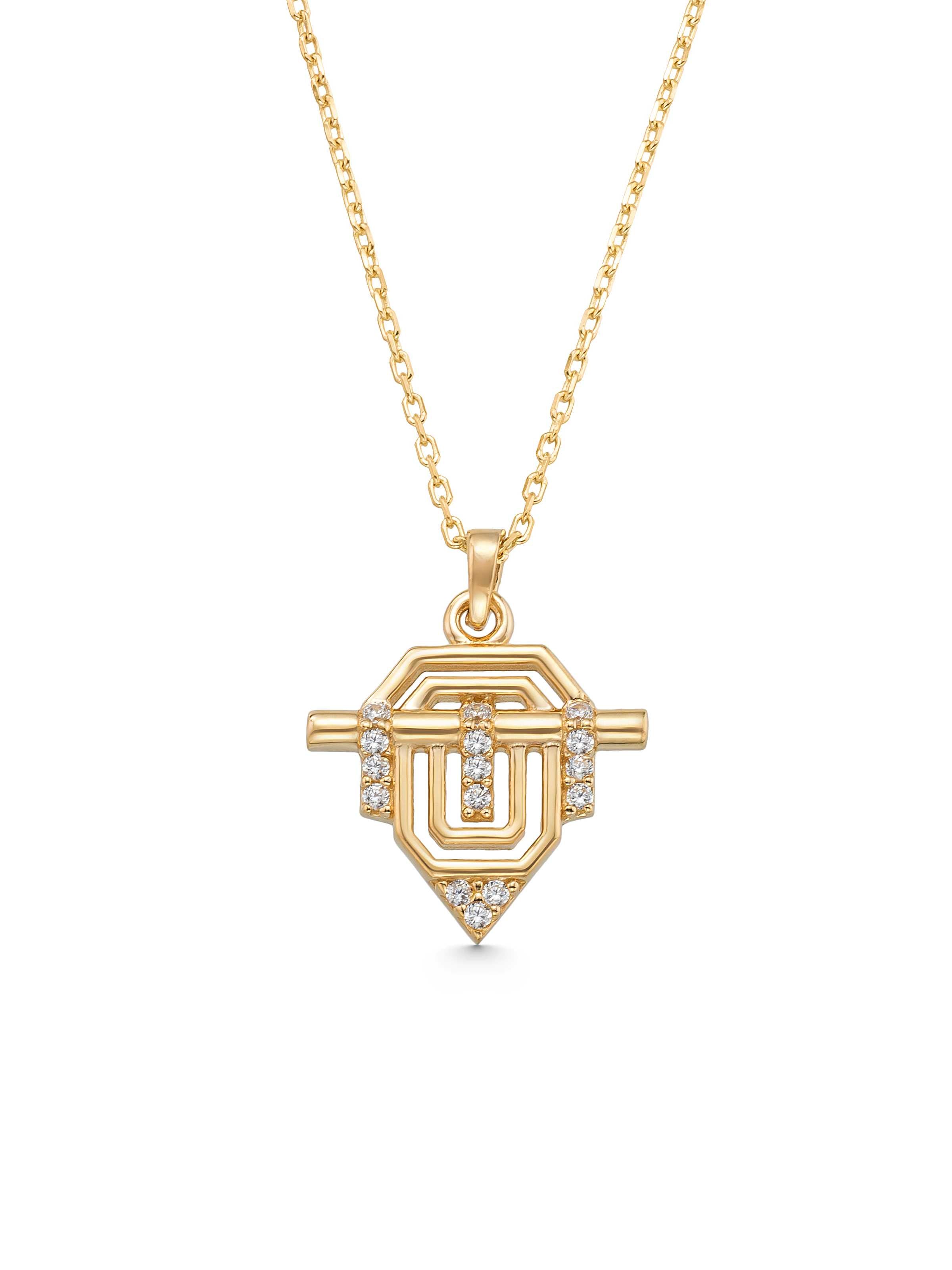 Zirkon Detaylı Geometrik Tasarım 14K Altın Kolye - Elef Kuyumculuk