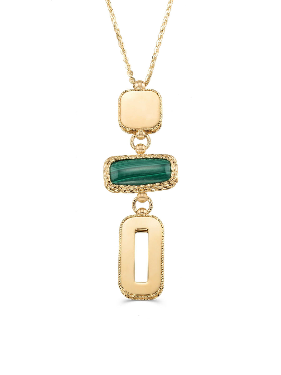 Zümrüt Rengi Taşlı Sıralı Motifli Modern 14K Altın Kolye