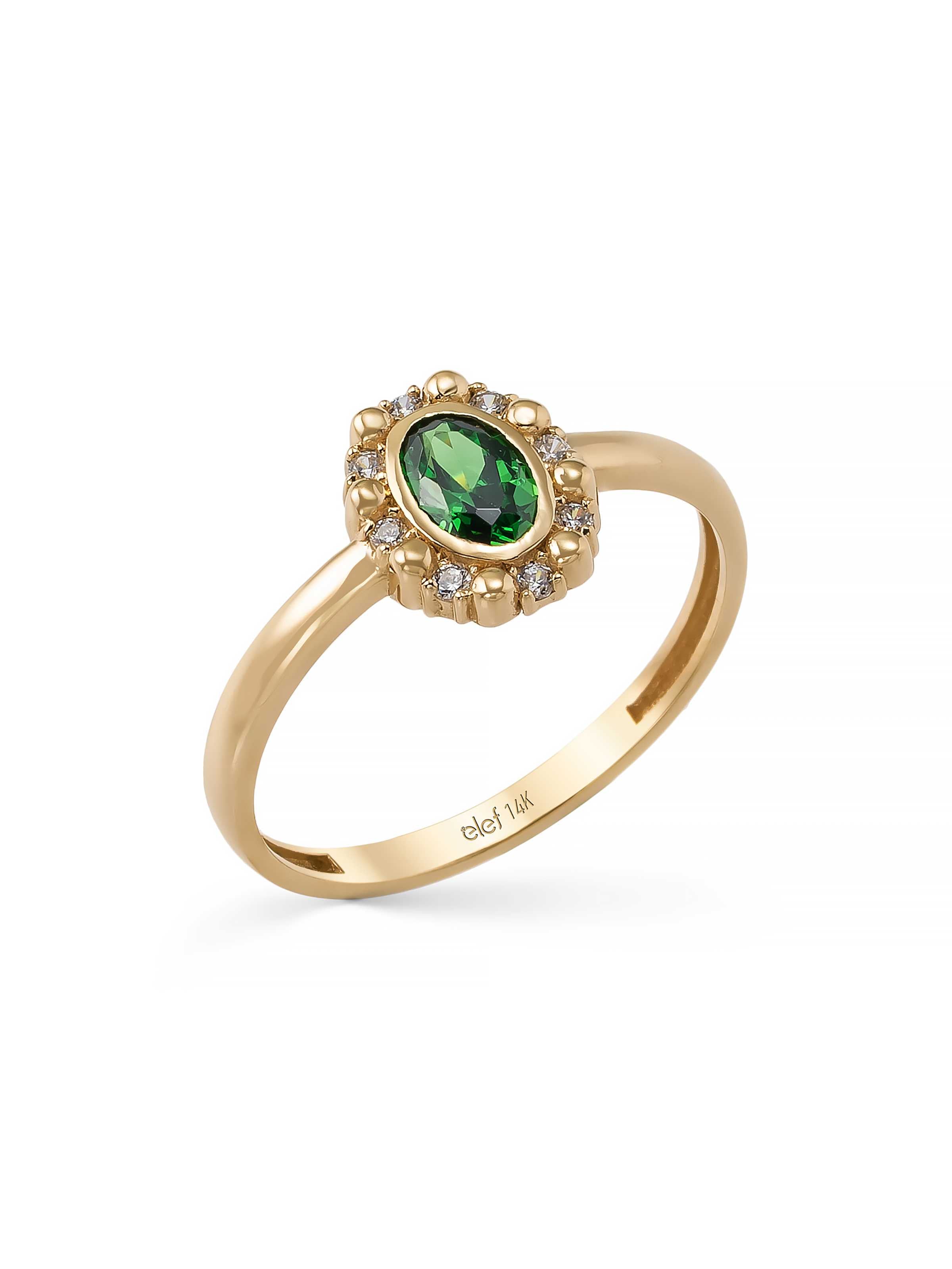 Zümrüt Yeşili Taşlı Vintage Halo 14K Altın Yüzük - Elef Kuyumculuk