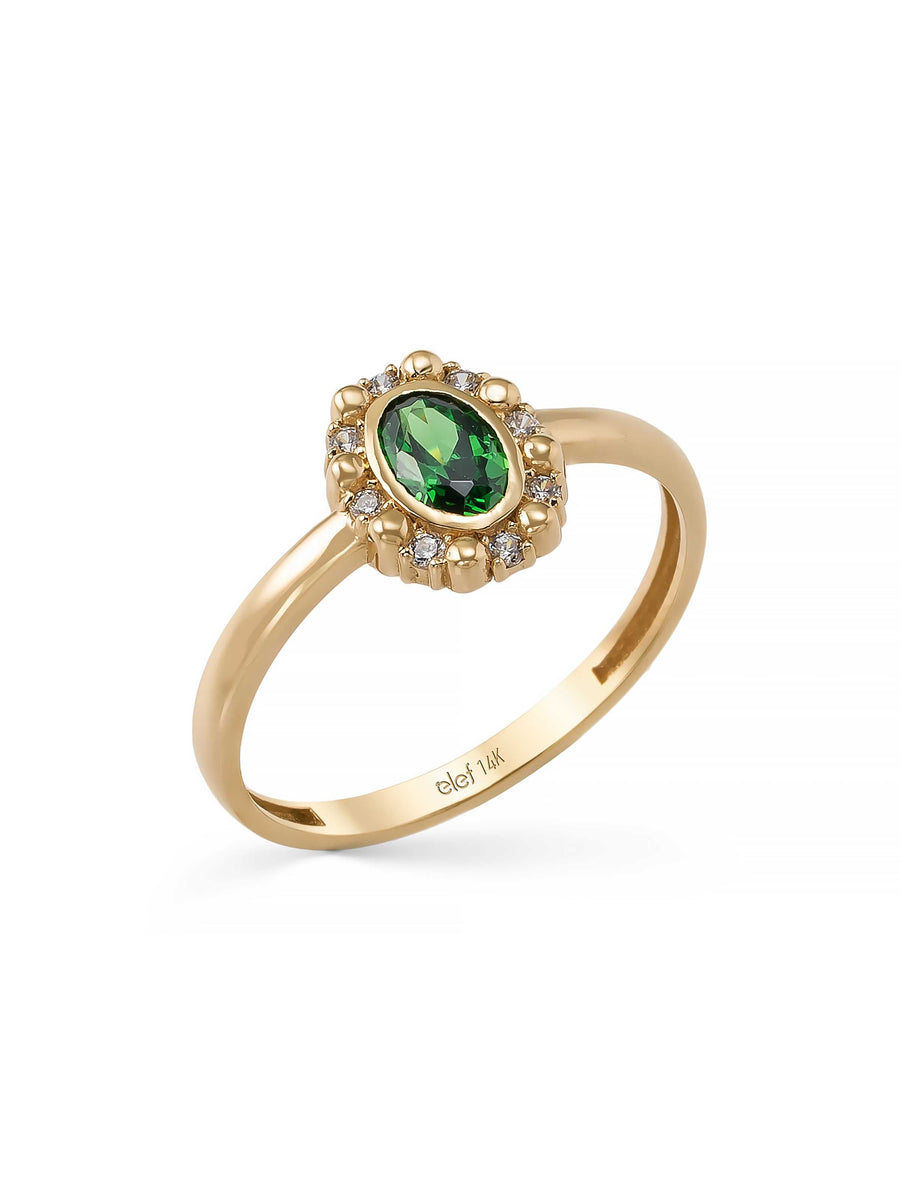Zümrüt Yeşili Taşlı Vintage Halo 14K Altın Yüzük