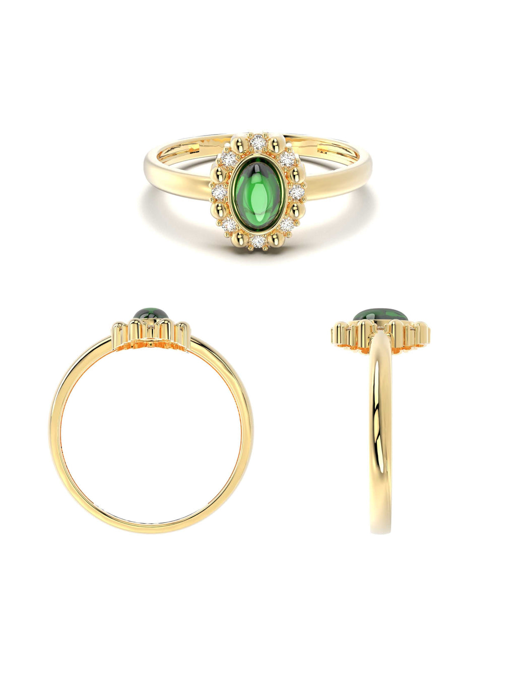 Zümrüt Yeşili Taşlı Vintage Halo 14K Altın Yüzük - Elef Kuyumculuk