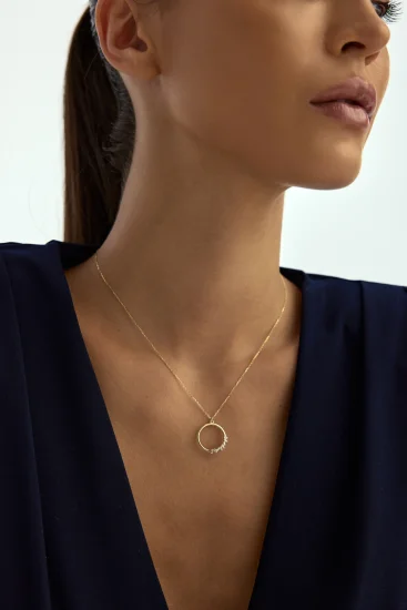 Çember Formlu Baget Taşlı 14K Altın Kolye - (1)