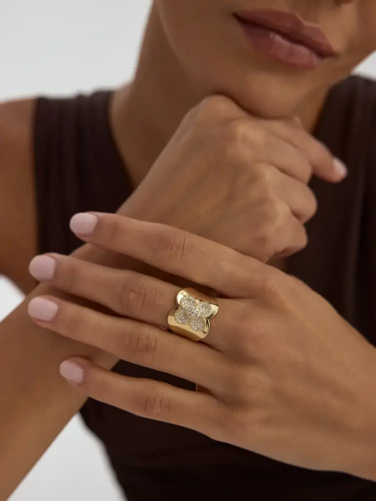 Çiçek Motifli Işıltılı 14K Altın Yüzük - 3