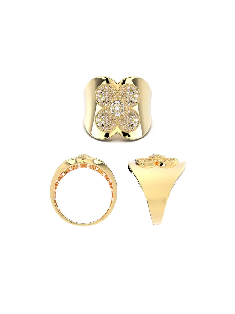 Çiçek Motifli Işıltılı 14K Altın Yüzük - 8