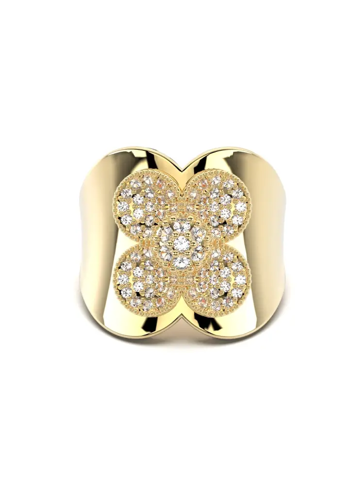 Çiçek Motifli Işıltılı 14K Altın Yüzük - 1