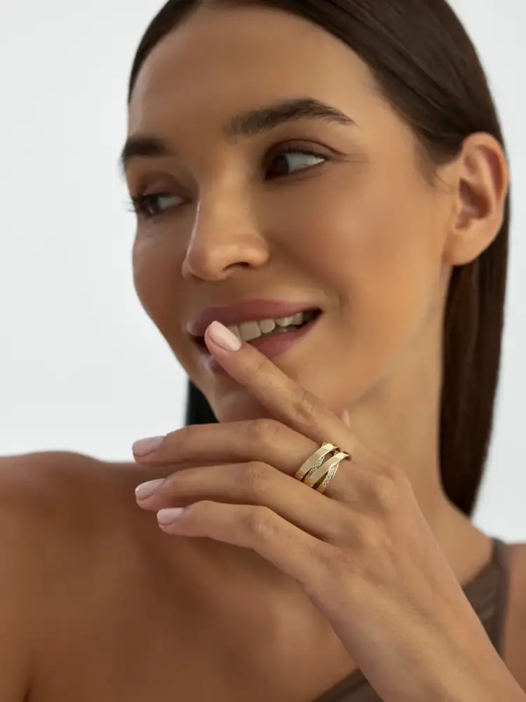 Çift Çapraz Sıralı Sıra Taşlı 14K Altın Yüzük - 2