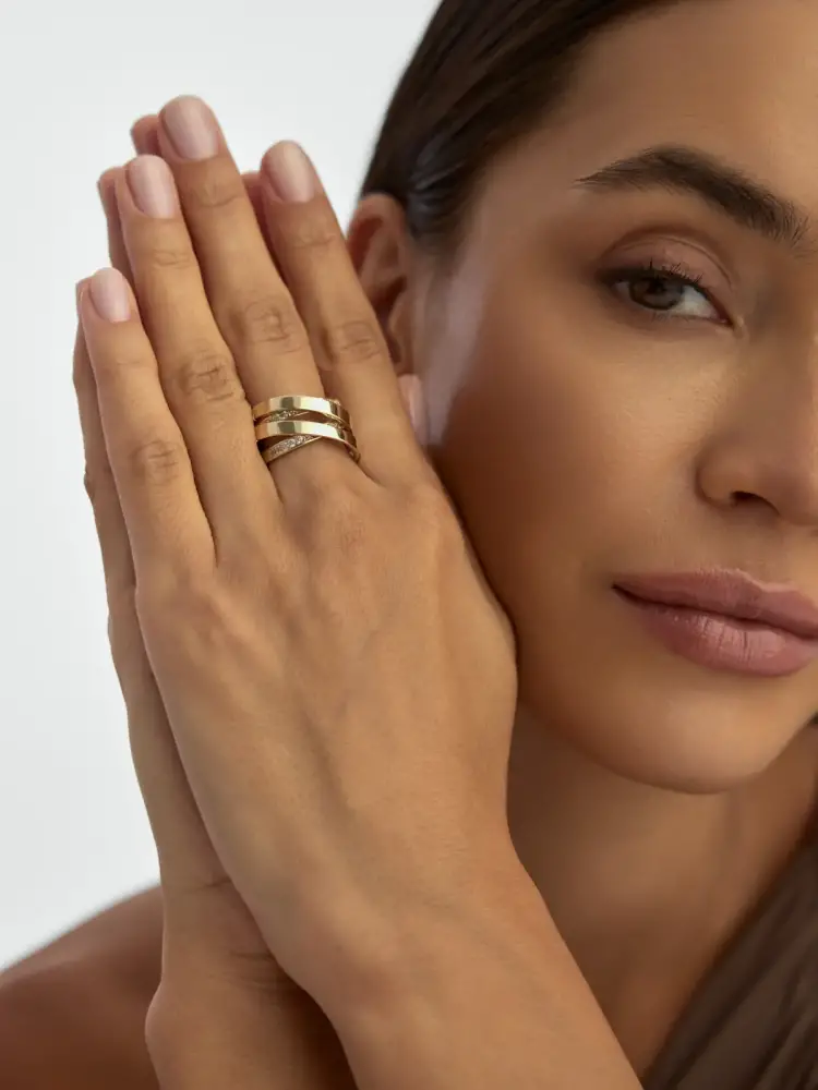 Çift Çapraz Sıralı Sıra Taşlı 14K Altın Yüzük - 3