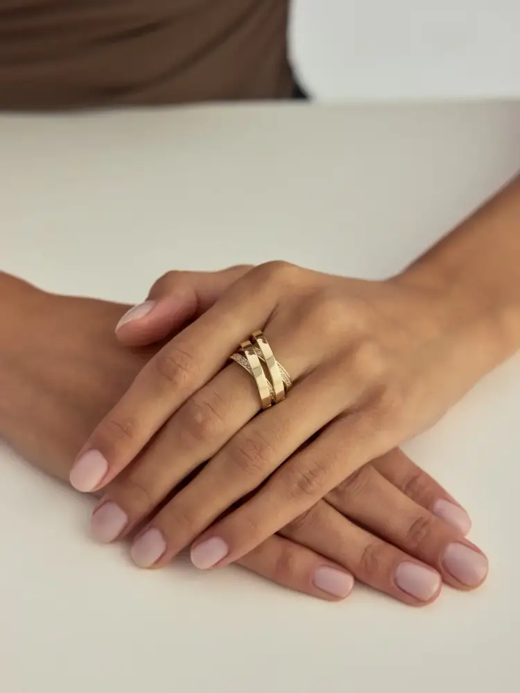 Çift Çapraz Sıralı Sıra Taşlı 14K Altın Yüzük - 4