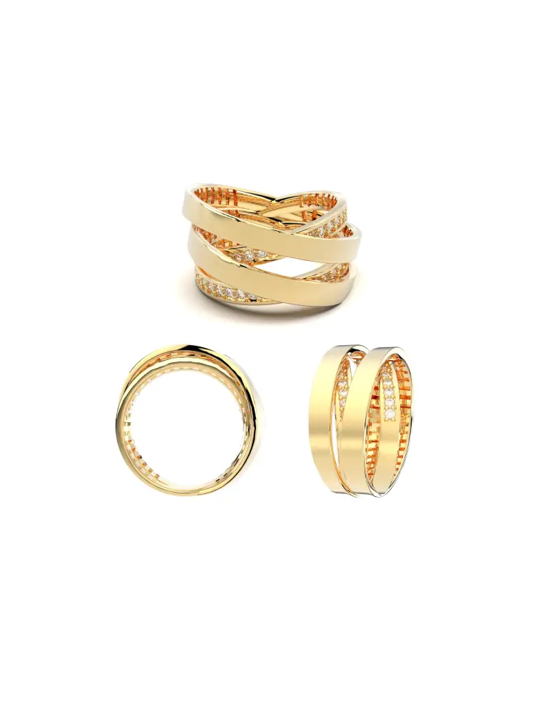 Çift Çapraz Sıralı Sıra Taşlı 14K Altın Yüzük - 8