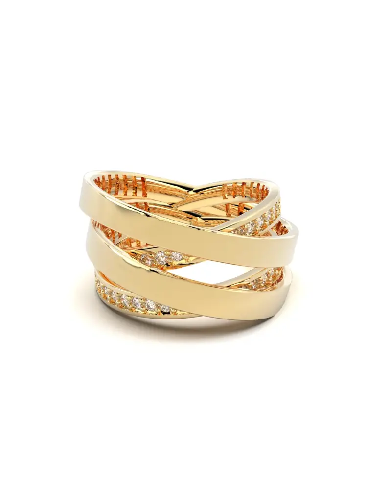 Çift Çapraz Sıralı Sıra Taşlı 14K Altın Yüzük - 1