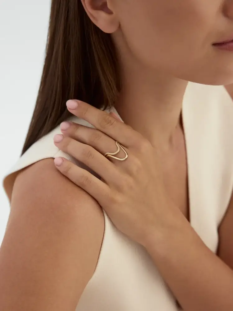 Çift Kavis Formlu Modern 14K Altın Yüzük - 3