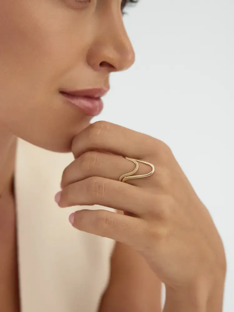 Çift Kavis Formlu Modern 14K Altın Yüzük - 2