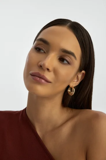 Çizgili Bombeli Halka 14K Altın Küpe - (1)