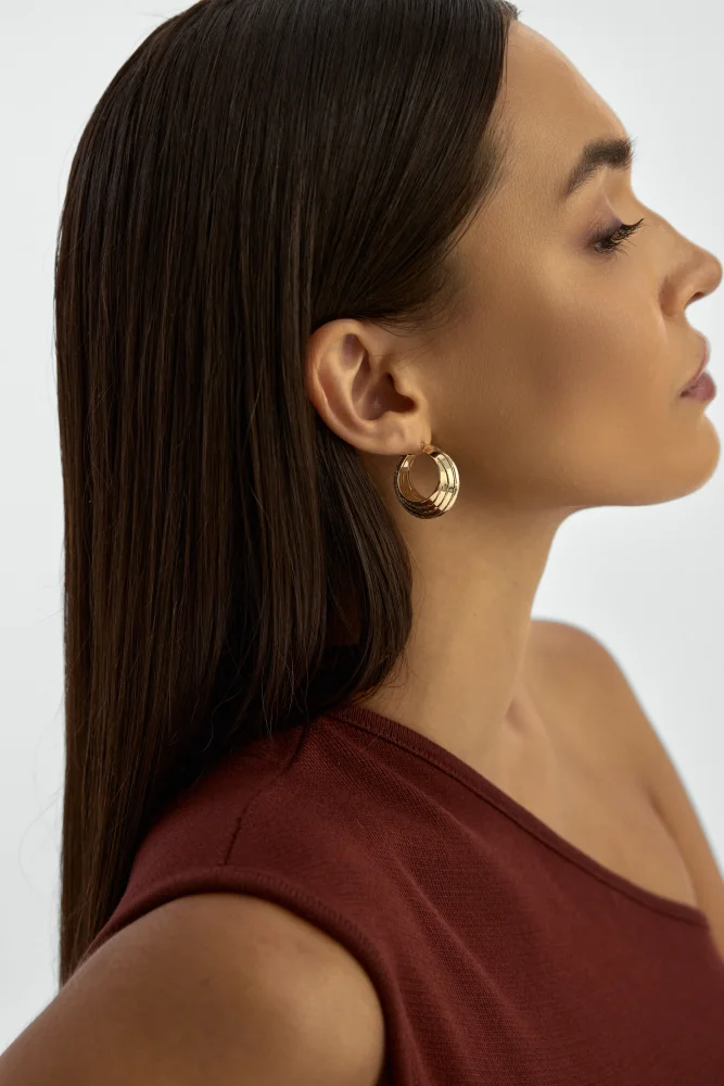 Çizgili Bombeli Halka 14K Altın Küpe - 3