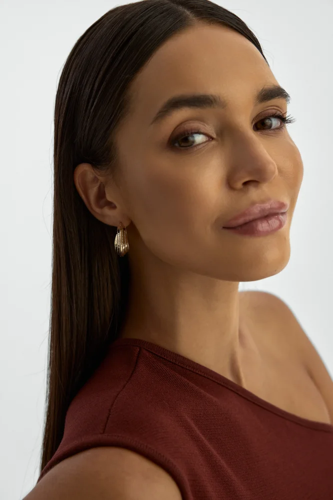 Çizgili Bombeli Halka 14K Altın Küpe - 4