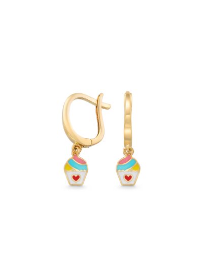 Cupcake Figürlü Mineli 14K Altın Sallantılı Çocuk Küpesi - 