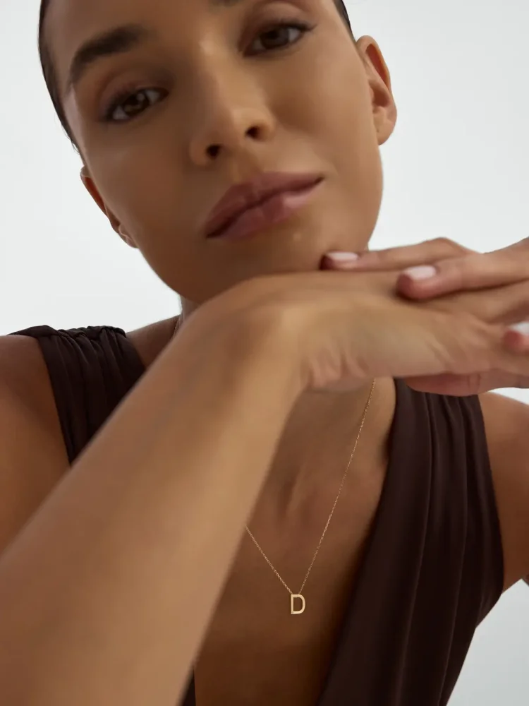 D Harfi Taşlı 14K Altın Harf Kolye - 3