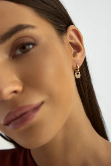 Damla Formlu Sıralı Taşlı Halka 14K Altın Küpe - (1)