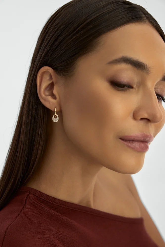 Damla Formlu Sıralı Taşlı Halka 14K Altın Küpe - 3