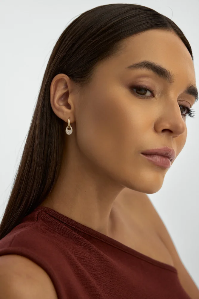 Damla Formlu Sıralı Taşlı Halka 14K Altın Küpe - 4