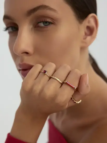 Dikdörtgen Baget Taşlı Modern 14K Altın Yüzük - (1)