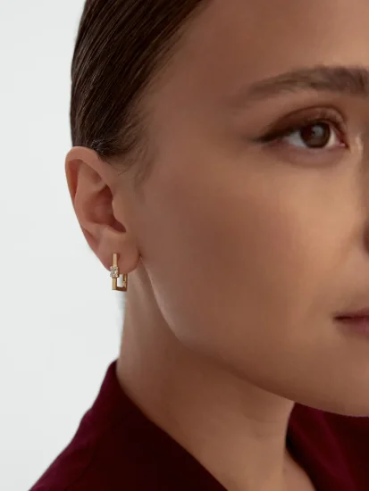 Dikdörtgen Form Baget Taşlı 14K Altın Küpe - (1)