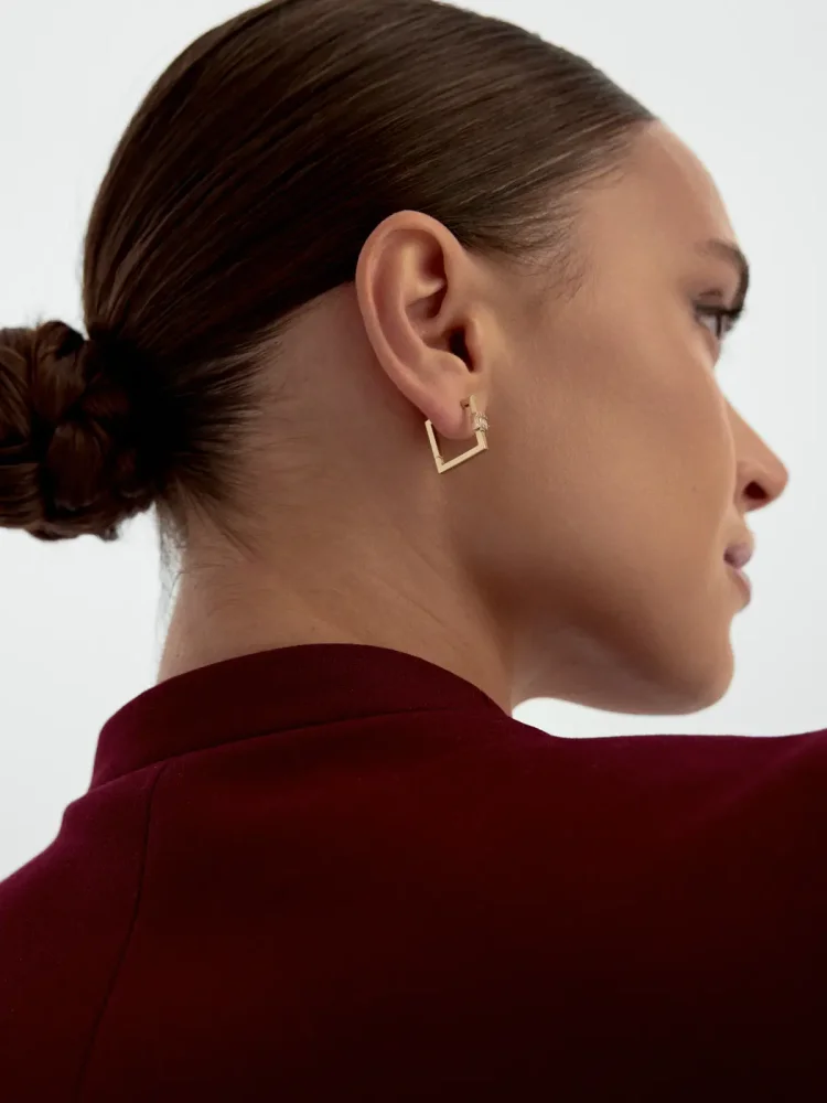 Dikdörtgen Form Baget Taşlı 14K Altın Küpe - 3