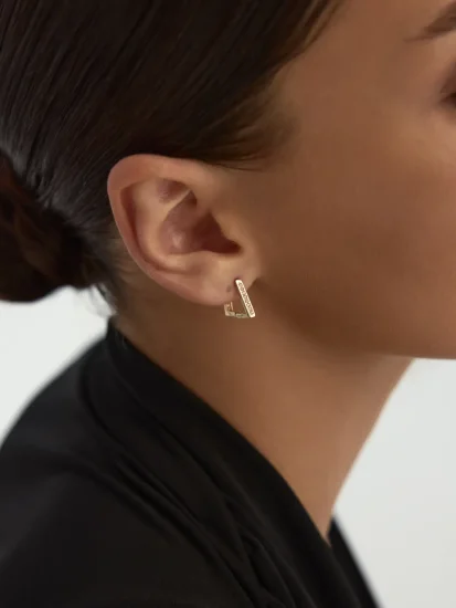 Dikdörtgen Form Sıralı Taş Detaylı Küpe 14K Altın Küpe - (1)