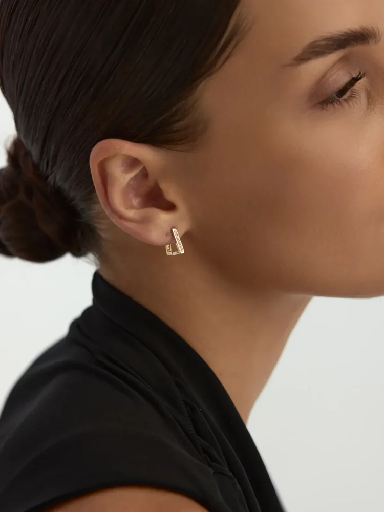 Dikdörtgen Form Sıralı Taş Detaylı Küpe 14K Altın Küpe - 3