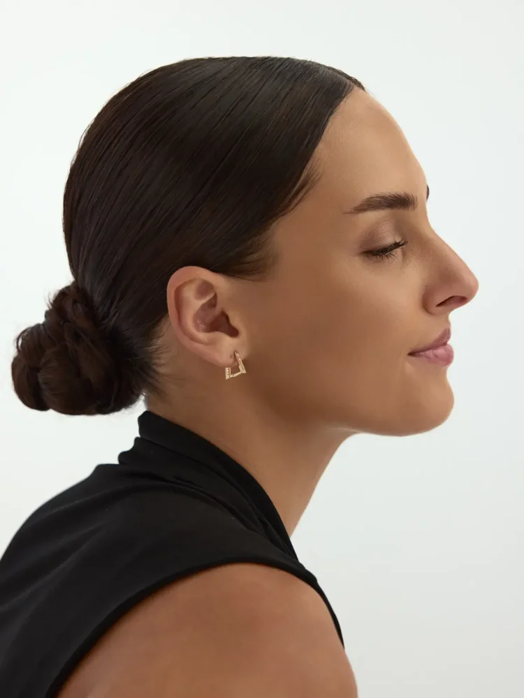 Dikdörtgen Form Sıralı Taş Detaylı Küpe 14K Altın Küpe - 4