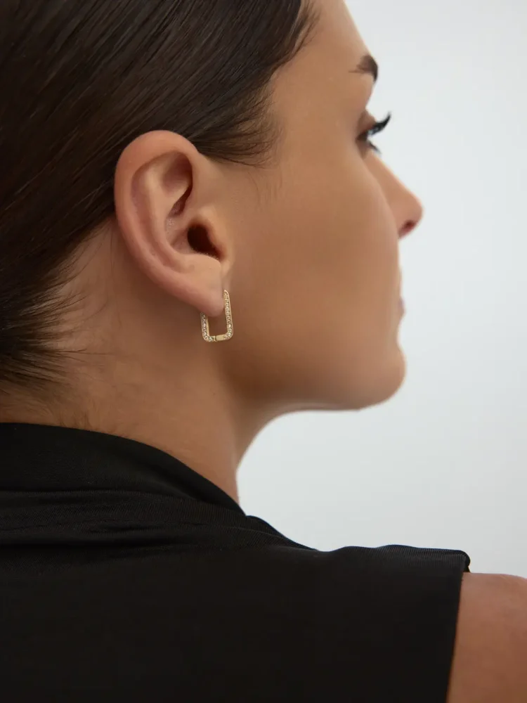 Dikdörtgen Form Sıralı Taş Detaylı Küpe 14K Altın Küpe - 2