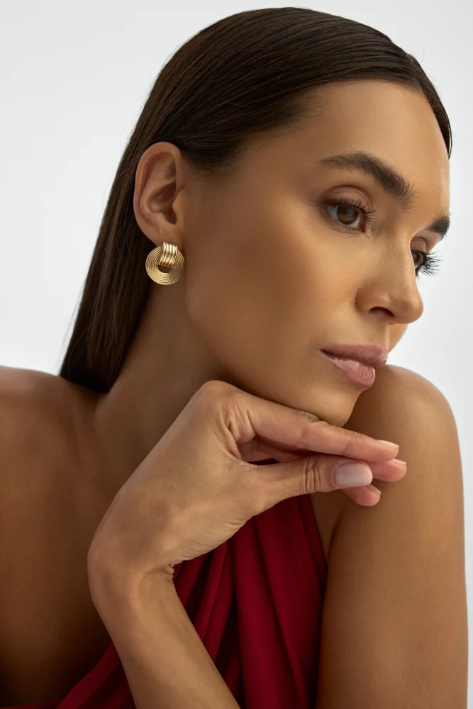 Dokulu Oval Yarım halka 14K Altın Küpe - 4