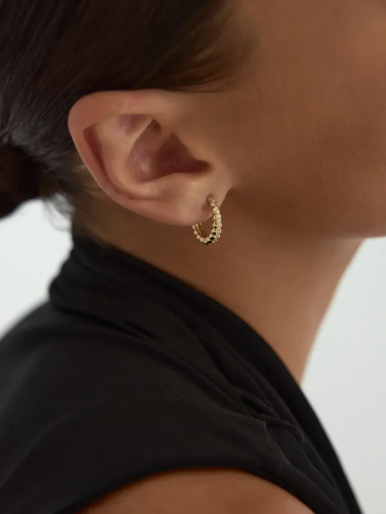 Dokulu Taş Sıralı Halka 14K Altın Küpe - 2