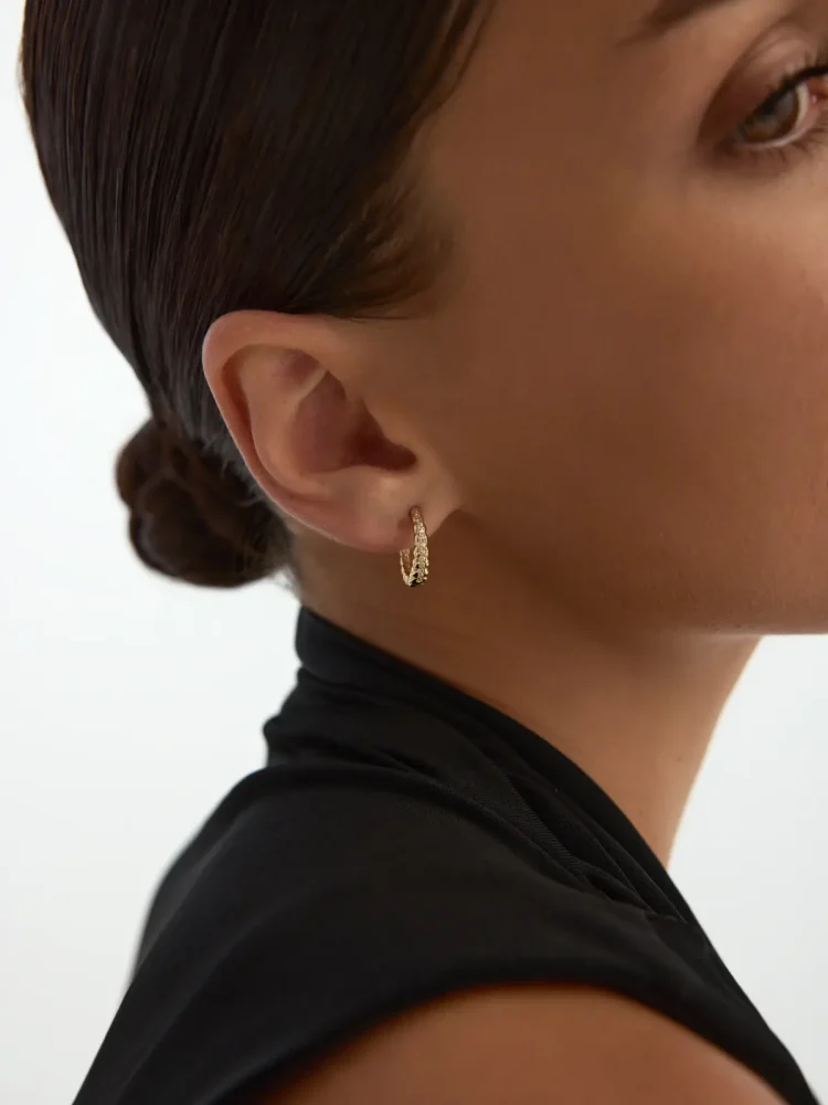 Dokulu Taş Sıralı Halka 14K Altın Küpe - 3