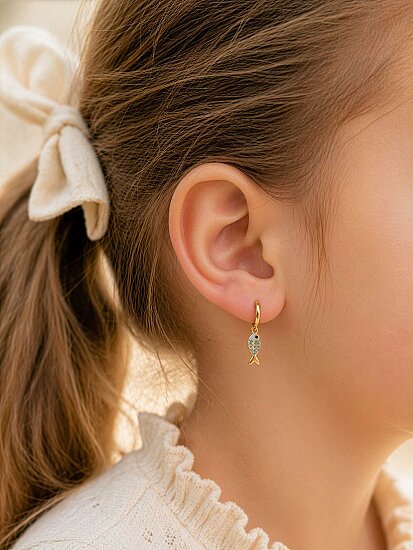 Enamel Fish Drop Kids Earrings in 14K Gold - (1)