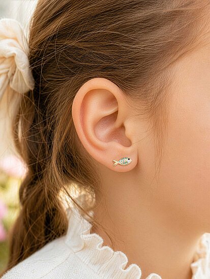 Enamel Fish Kids Earrings in 14K Gold - (1)