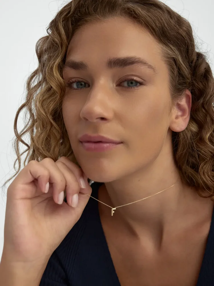 F Harfi Sade 14K Altın Harf Kolye - 2
