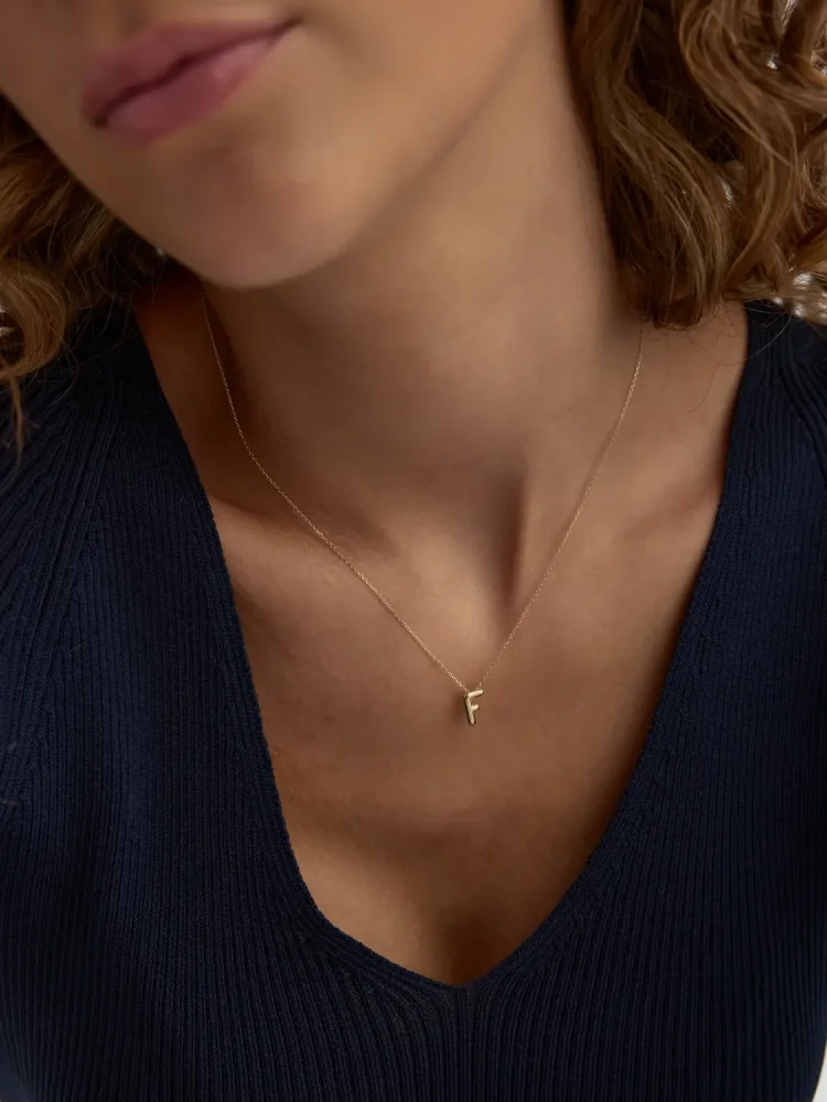 F Harfi Sade 14K Altın Harf Kolye - 3