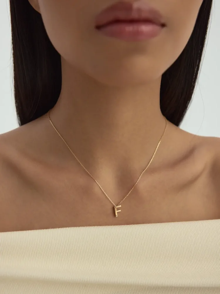 F Harfi Taşlı 14K Altın Harf Kolye - 2