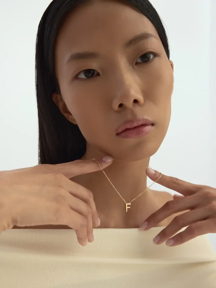 F Harfi Taşlı 14K Altın Harf Kolye - 3