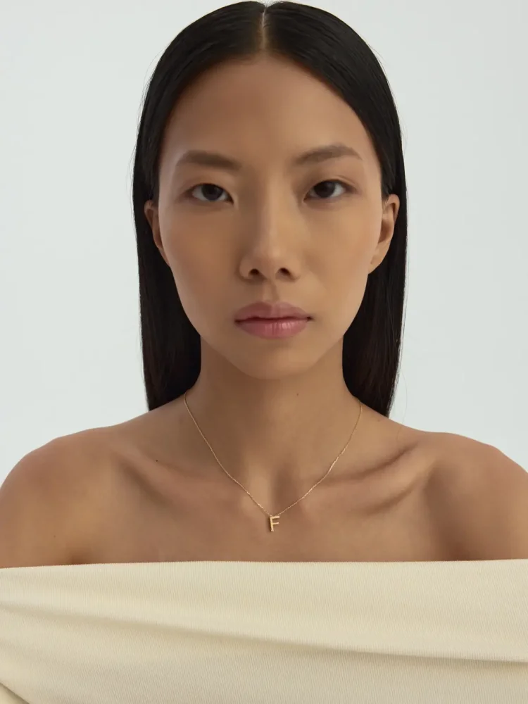 F Harfi Taşlı 14K Altın Harf Kolye - 4